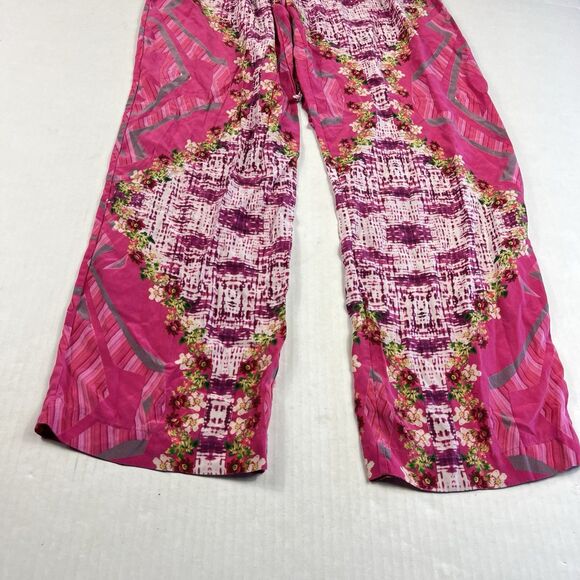 Moda Baronessa Silk Boho Pink Floral Straight Leg Lounge Pants XS Vibrant Resort - Picture 2 of 12